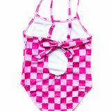 UPF50+ Girls Bow-Back One Piece Swimsuit in Bubble Gum Checkered