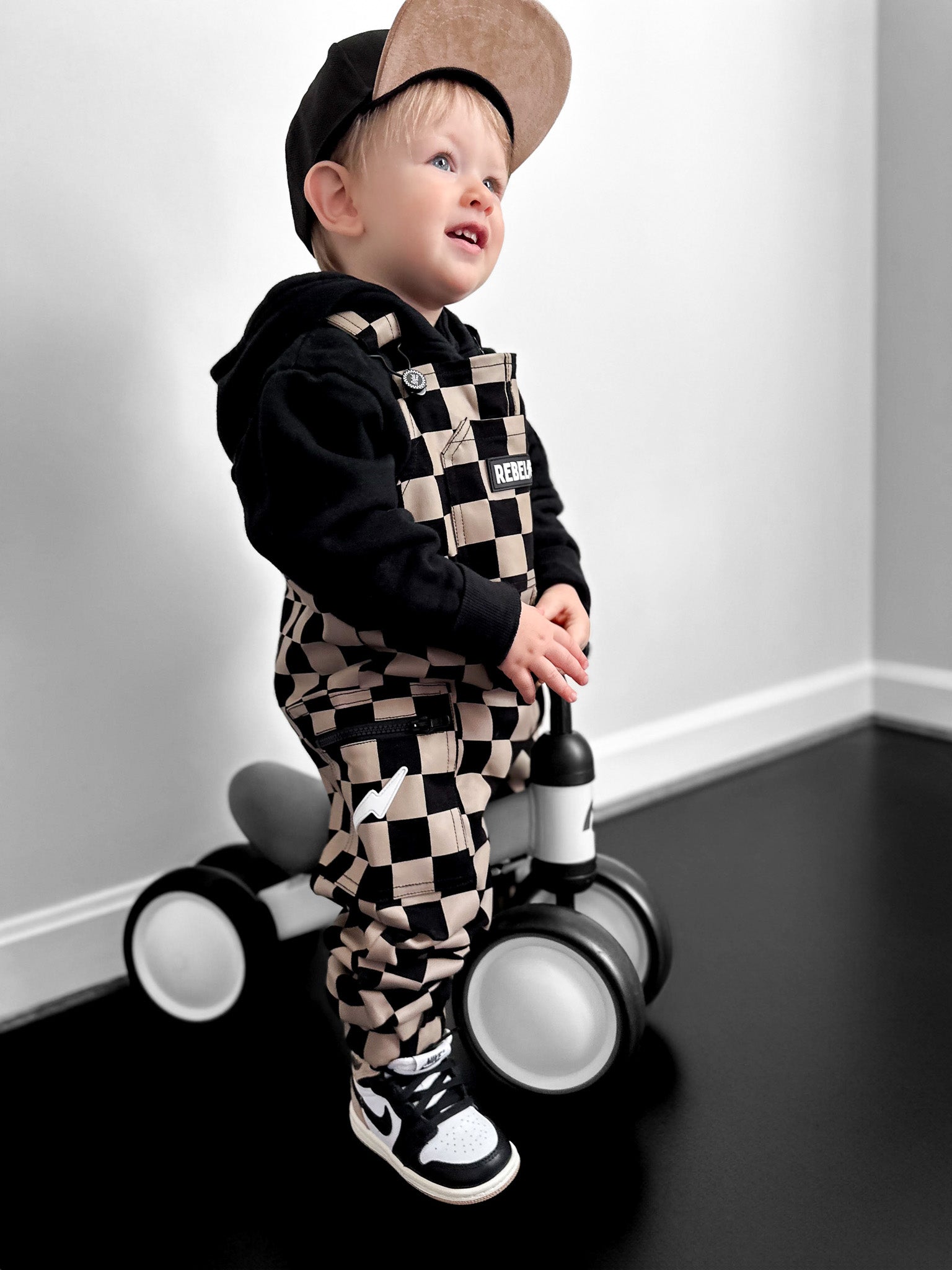 The Live Fast Overall in Taupe + Black Checkered