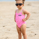UPF50+ Girls Bow-Back One Piece Swimsuit in Bubble Gum Leopard