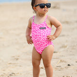 UPF50+ Girls Bow-Back One Piece Swimsuit in Bubble Gum Leopard