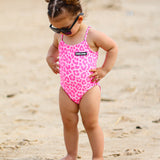 UPF50+ Girls Bow-Back One Piece Swimsuit in Bubble Gum Leopard
