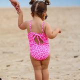 UPF50+ Girls Bow-Back One Piece Swimsuit in Bubble Gum Leopard