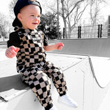 Overalls in Taupe + Black Checkered