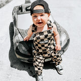 Overalls in Taupe + Black Checkered