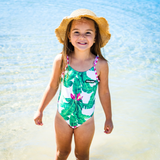 UPF50+ Girls Bow-Back One Piece Swimsuit in Palm Paradise