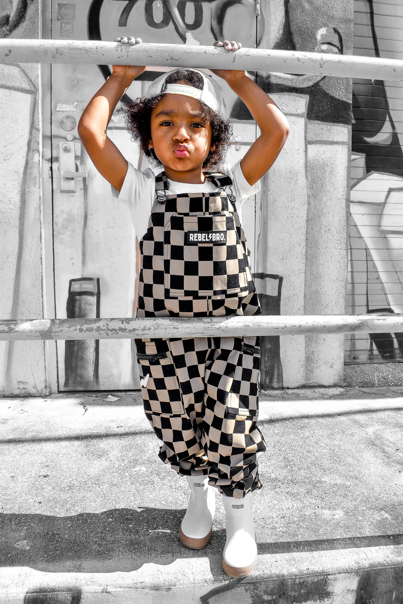 The Live Fast Overall in Taupe + Black Checkered